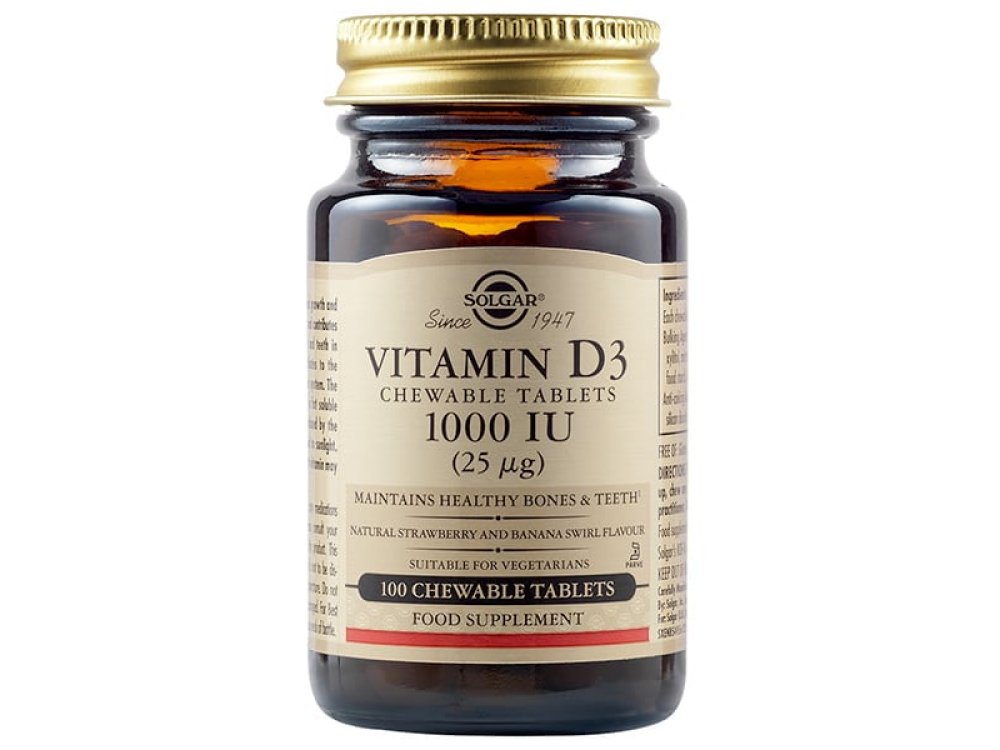 Solgar Vitamin D3 1000 IU (25μg) Συμπλήρωμα Διατροφής Μασώμενης Βιταμίνης D3 με Γεύση Μπανάνα - Φράουλα