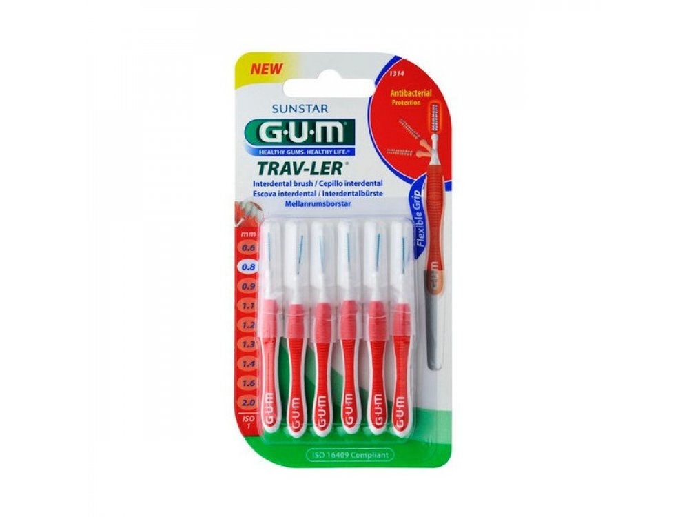 Gum Trav-ler Interdental Brush (1314), Μεσοδόντια Βουρτσάκια 0,8mm Κόκκινα, 6τμχ