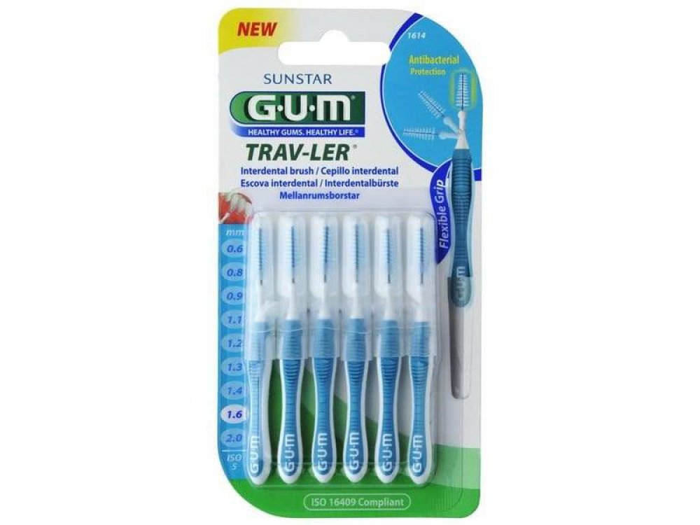 GUM Trav-ler Interdental Brush (1614), Μεσοδόντια Βουρτσάκια 1,6mm Γαλάζια, 6τμχ