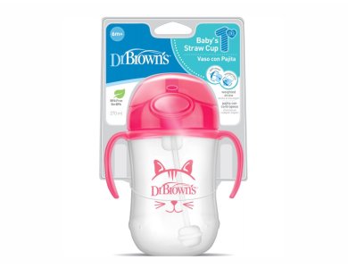 Dr. Brown's Baby's First Straw Cup 91011, Κύπελλο με Εύκαμπτο Καλαμάκι & Λαβές 6m+ Ροζ 270ml, 1τμχ