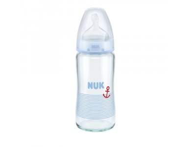 Nuk First Choice Plus (10.745.068) Μπιμπερό Γυάλινο 0-6 Μηνών με Θηλή Σιλικόνης Μ Μεγέθους 1 Μπλε, 240ml