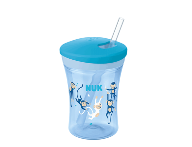Nuk Action Cup 12m+ Monkeys, Εκπαιδευτικό Κύπελλο με Καλαμάκι, Μαϊμουδάκια Μπλε, Χωρητικότητας 230ml, 1τμχ