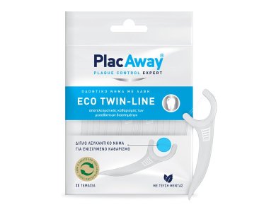 Plac Away Eco Twin-Line, Διπλό Λευκαντικό Οδοντικό Νήμα με Λαβή, 30τμχ