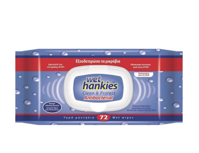 Wet Hankies Clean & Protect Antibacterial, Υγρά Αντιβακτηριακά Μαντηλάκια Καθαρισμού, 72τμχ